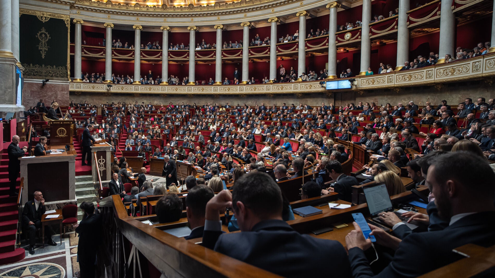 PARIS, Oct. 15, 2025 -- French Prime Minister Sebastien Lecornu delivers a policy speech at the National Assembly in Paris, France, Oct. 14, 2025. French Prime Minister (PM) Sebastien Lecornu on Tuesday announced the suspension of controversial pension reforms until the presidential election. The public deficit will be reduced to 4.7 percent of GDP in the draft budget for 2026 and must "in any case be less than 5 percent at the end of the discussion" in Parliament, Lecornu said. He also ...