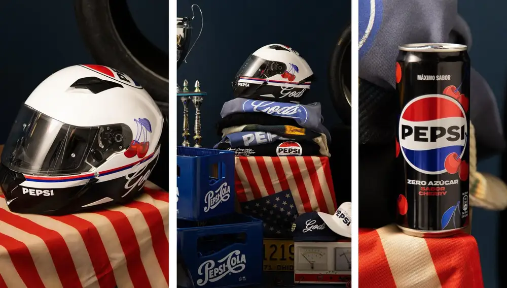 Casco, prendas y lata de Pepsi Zero Cherry, elementos que resumen la inspiración deportiva y cromática de la cápsula Pepsi x Gods Brand.