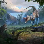 Una manada de Nanotyrannus ataca a un T. rex juvenil (esquiza inferior izquierda) mientras su madre se aproxima desde el fondo de la imagen.
