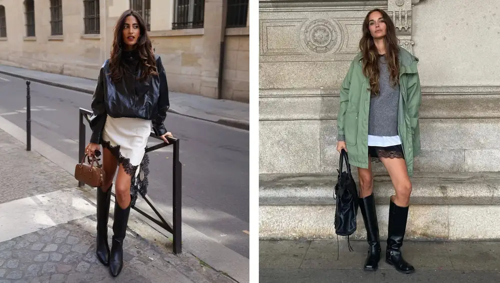 El contraste que funciona: prendas delicadas como el encaje o el satén con chaquetas impermeables o de cuero.
