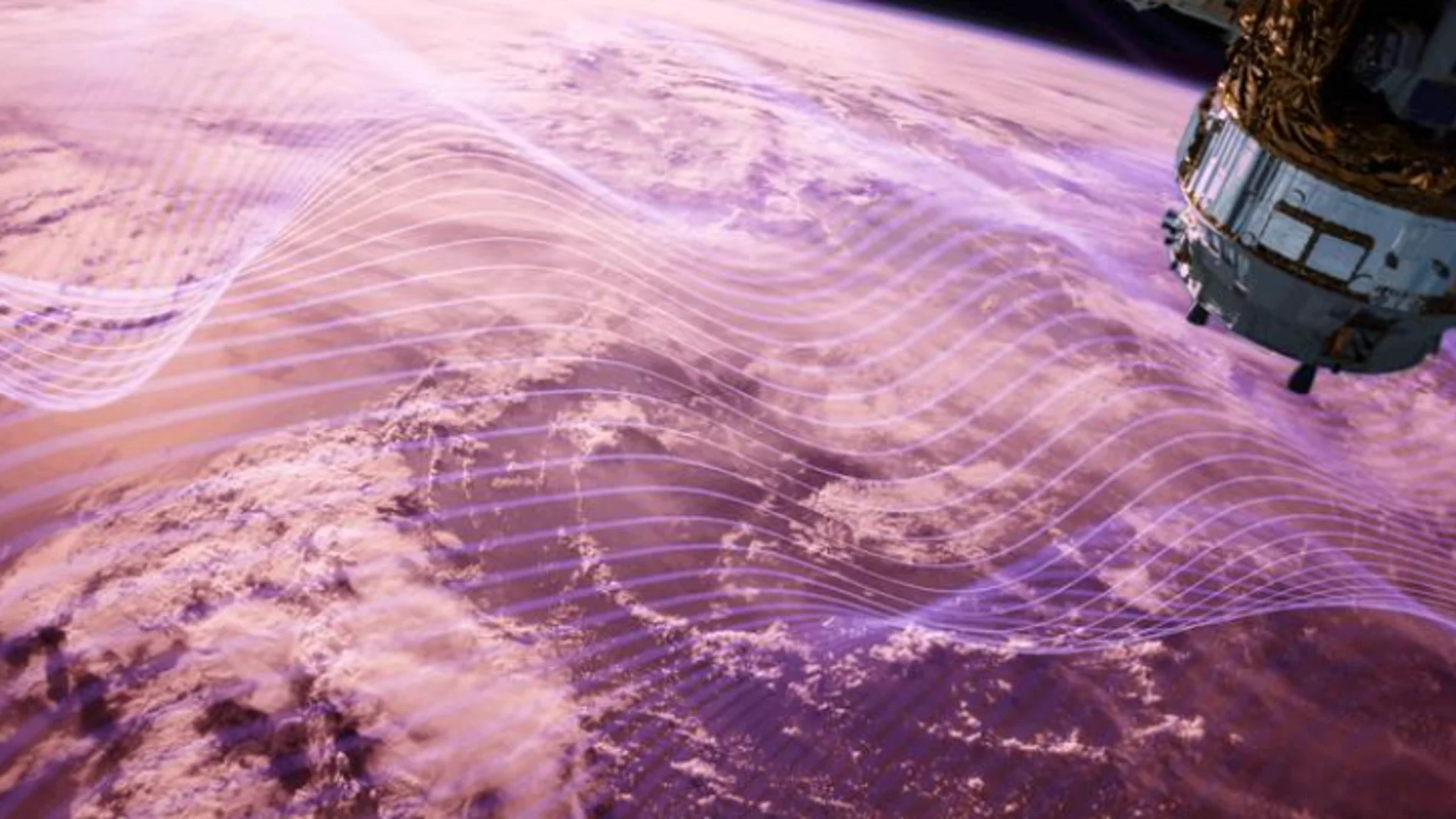 Fotografía de la Tierra con ondas de radio, representadas en morado