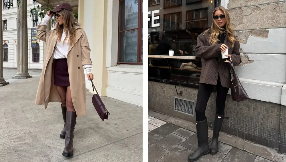 Dos ideas para días de lluvia en la ciudad: trench clásico con minifalda y botas altas, o americana oversize con leggings y botas de agua.
