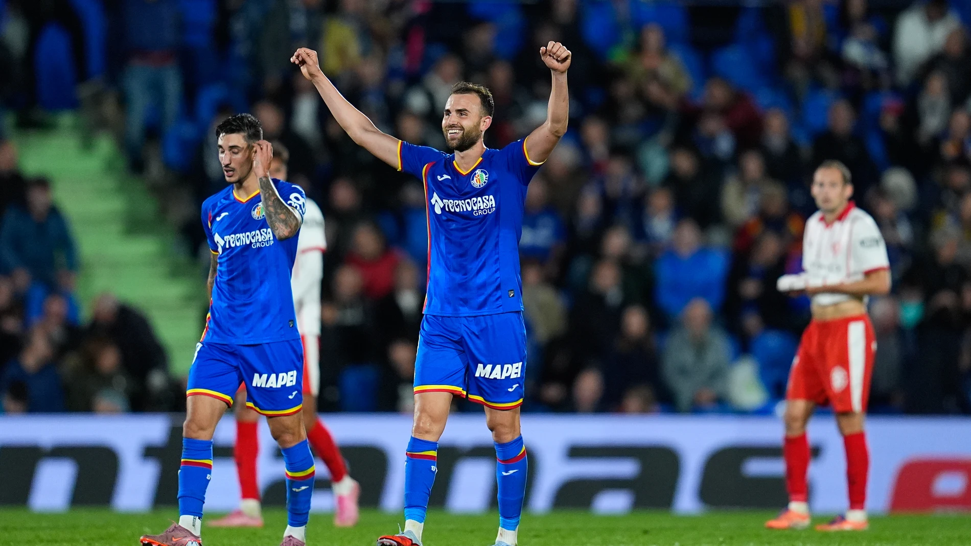 Borja Mayoral of Getafe CF celebrates a goal during the Spanish League, LaLiga EA Sports, football match played between Getafe CF and Girona FC at Coliseum de Getafe stadium on October 31, 2025, in Getafe, Spain. AFP7 31/10/2025 ONLY FOR USE IN SPAIN