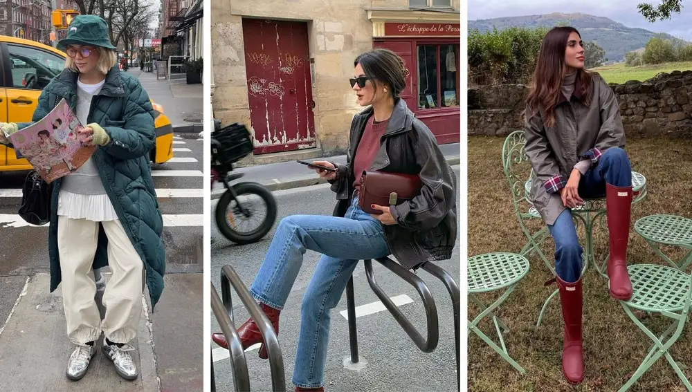 Tres formas de acertar en días de lluvia: plumífero largo con gorro, cazadora de cuero con vaqueros o parka con botas de agua en color burdeos.