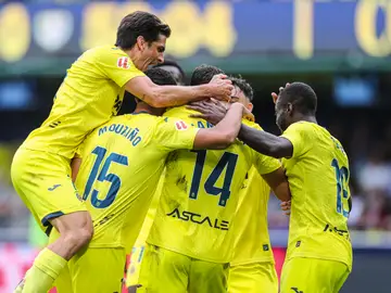 Villarreal CF V Rayo Vallecano - LaLiga EA Sport Santi Comesana of Villarreal CF celebrates a goal with teammates during the Spanish league, LaLiga EA Sports, football match played between Villarreal CF and Rayo Vallecano at La Ceramica stadium on November 1, 2025, in Villarreal, Spain. AFP7 01/11/2025 ONLY FOR USE IN SPAIN