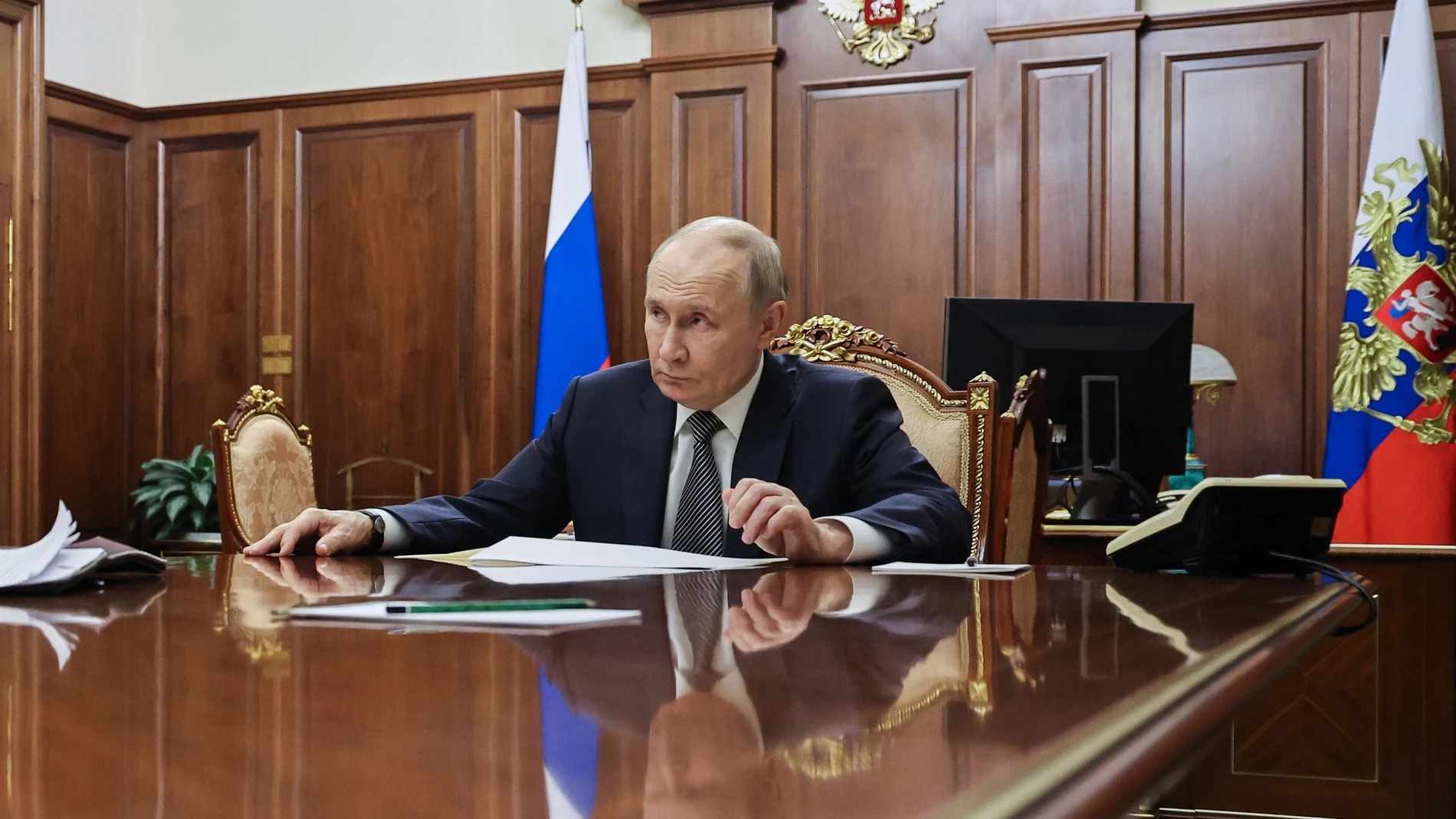 Russian President Vladimir Putin listens to Presidential Aide, Special Presidential Representative for Climate Issues Ruslan Edelgeriyev during their meeting at the Kremlin, in Moscow, Russia, Saturday Nov. 1, 2025. (Alexander Kazakov, Sputnik, Kremlin Pool Photo via AP)
