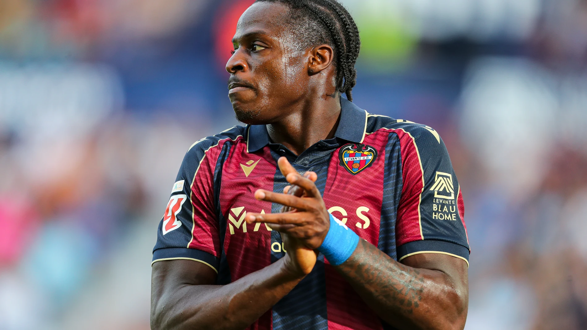 Karl Etta Eyong of Levante UD laments during the Spanish league, LaLiga EA Sports, football match played between Levante UD and RC Celta at Ciutat de Valencia stadium on November 2, 2025, in Valencia, Spain. AFP7 02/11/2025 ONLY FOR USE IN SPAIN