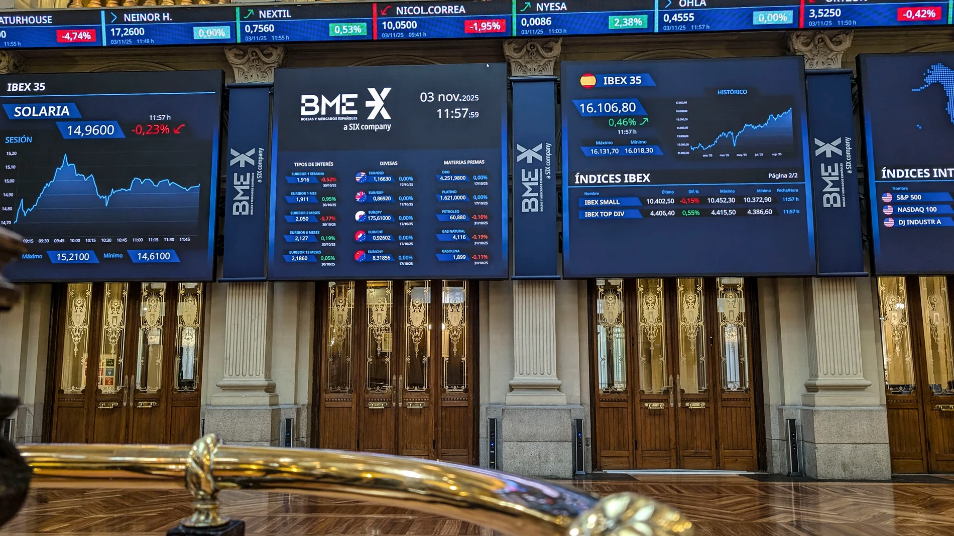 MADRID, 03/11/2025.- Varios paneles y monitores muestran en el parqué madrileño la evolución de la Bolsa española que ha iniciado el mes de noviembre prácticamente plana, con una mínima subida del 0,02 %, a la espera de que este lunes se conozcan los índices PMI manufactureros europeos y estadounidenses. EFE/ Vega Alonso