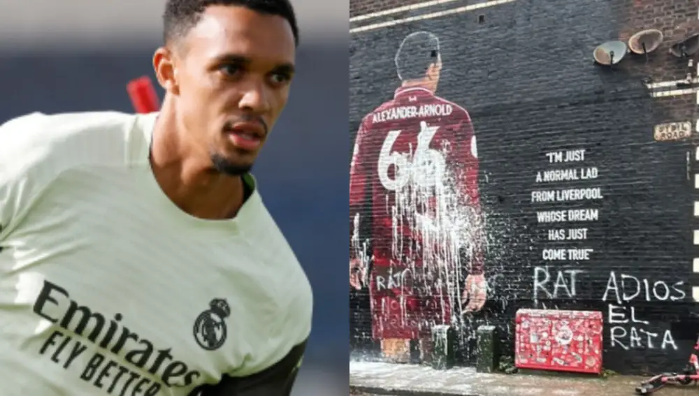 Trent Alexander-Arnold, junto a su mural vandalizado
