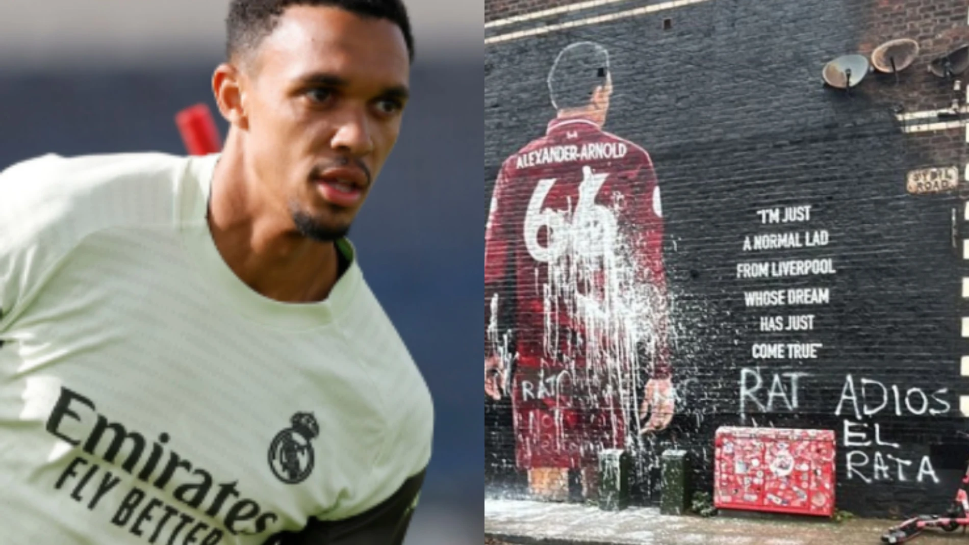 Trent Alexander-Arnold, junto a su mural vandalizado