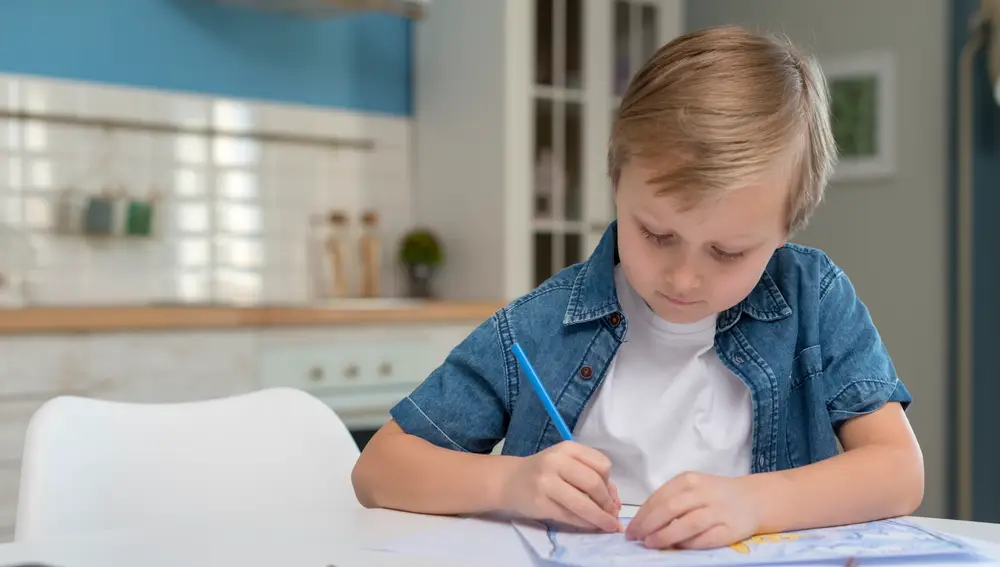 Un niño estudiando en casa