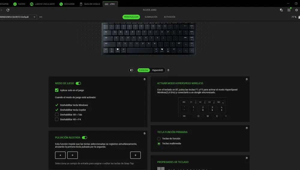 Razer Synapse te permite activar el modo juego y la pulsación ajustada en el Razer Joro