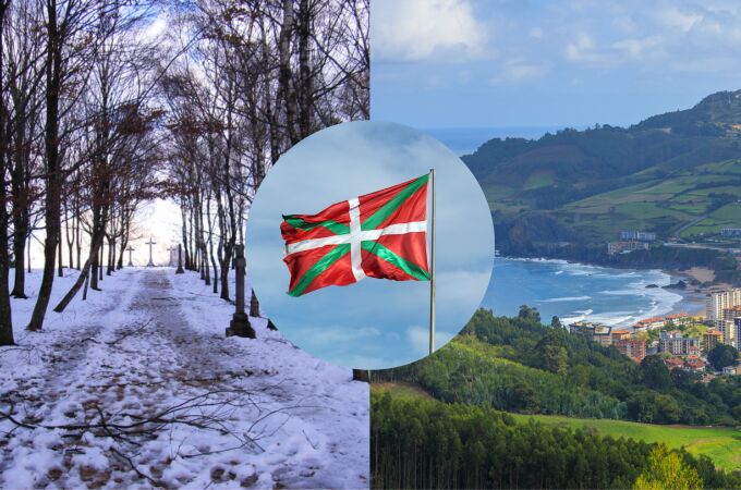 Imágenes de invierno y verano junto a la bandera del País Vasco Imágenes de invierno y verano junto a la bandera del País Vasco