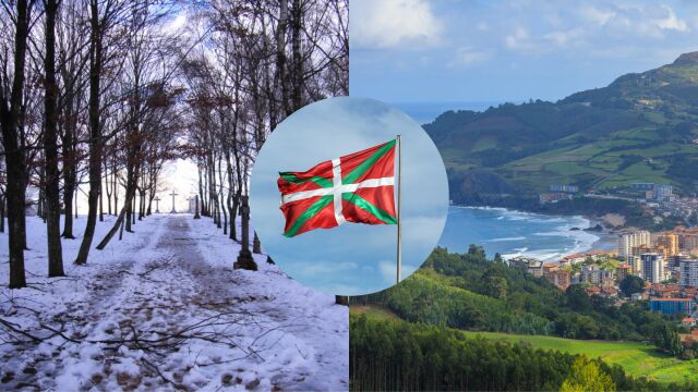 Imágenes de invierno y verano junto a la bandera del País Vasco Imágenes de invierno y verano junto a la bandera del País Vasco