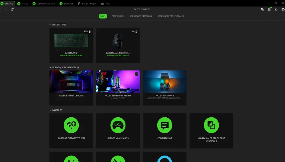 Desde la pantalla principal de Razer Synapse puedes controlar los dos dispositivos