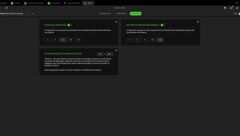 Habilita las funciones de ahorro de energía del Razer Joro con Synapse