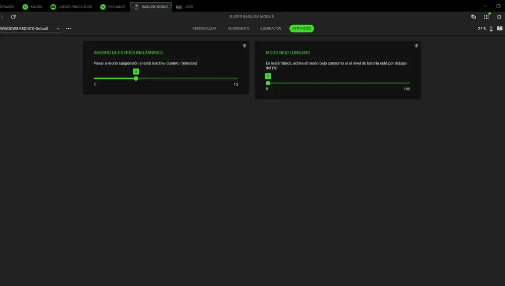 Activa el ahorro de energía y el modo de bajo consumo del Razer Basilisk Mobile desde Synapse