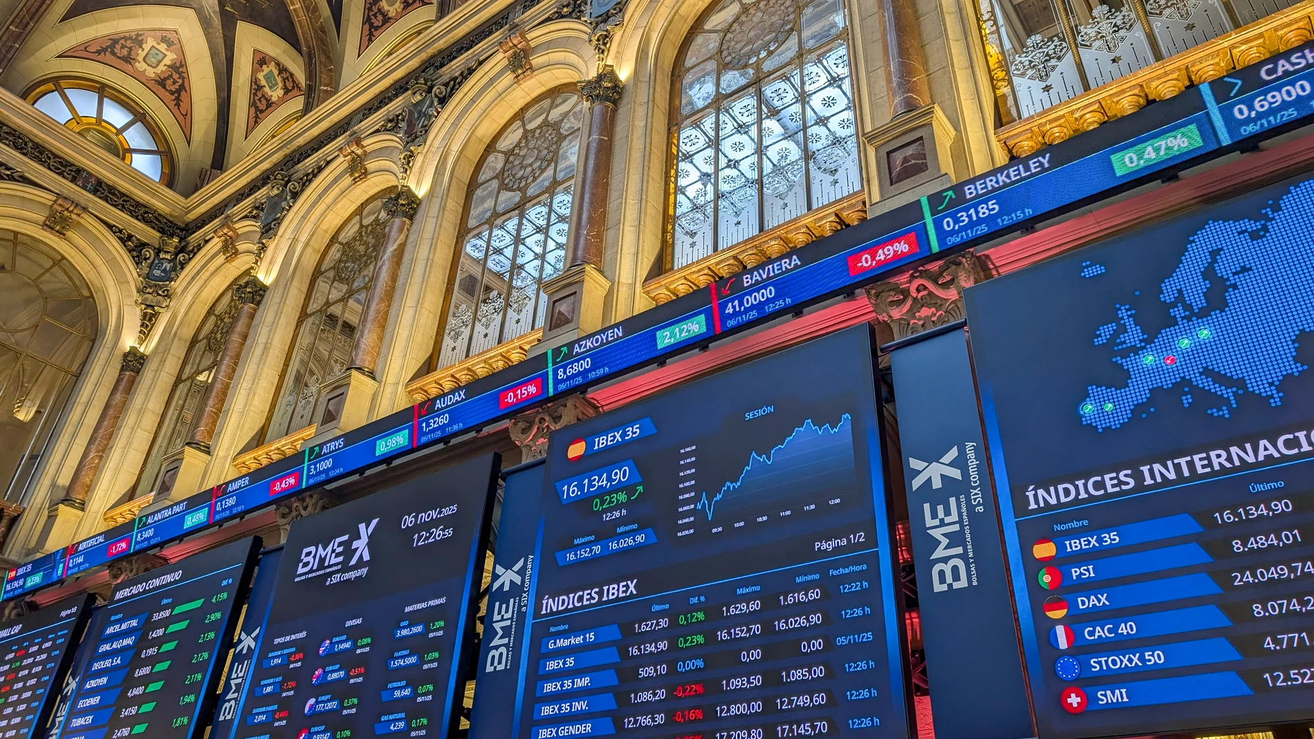 MADRID, 06/11/2025.- Vista general de los paneles en el parqué de la Bolsa de Madrid este jueves. El IBEX 35 mantiene este mediodía los 16.100 puntos tras subir un 0,18 %, que recuperó una hora después de una apertura del mercado en negativo y girar al alza, en una sesión en la que el selectivo se apoya en la subida de ArcelorMittal, de más del 3 %, mientras que padece la caída de Aena. EFE/Vega Alonso