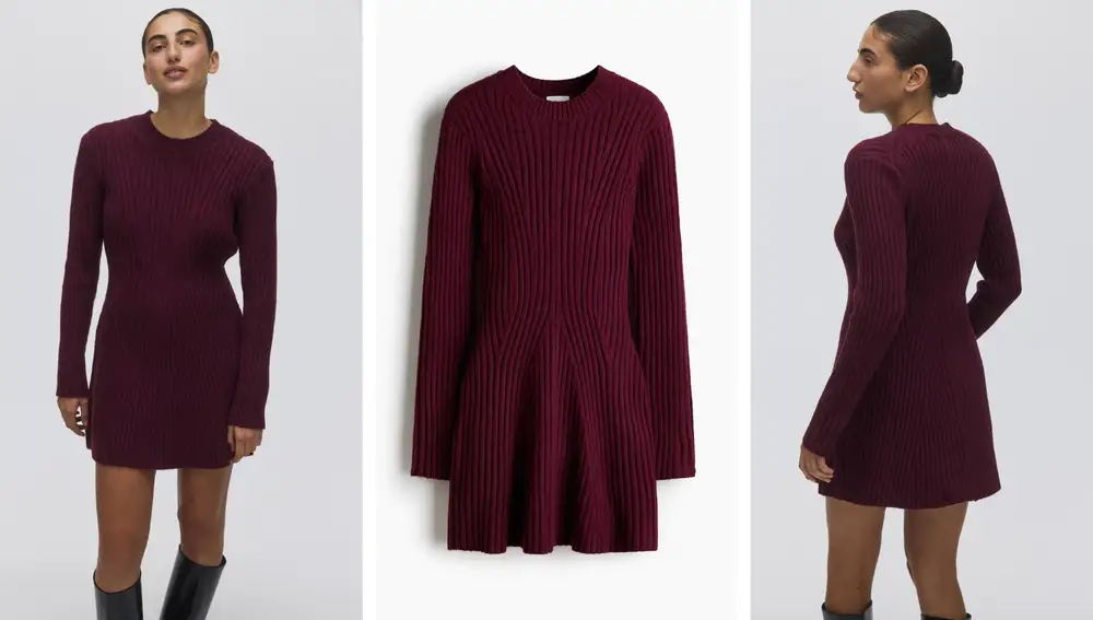 stido en punto de canalé burdeos con falda de ligero vuelo y puños acampanados (34,99€)