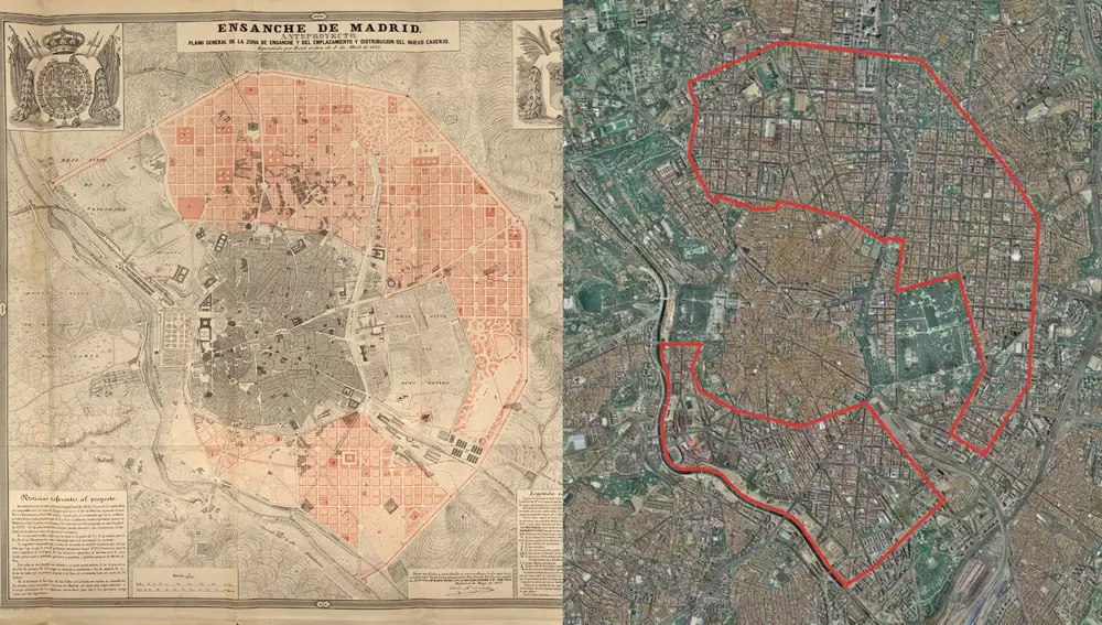 Anteproyecto del Plan de Ensanche con respecto al área que ocupa Madrid hoy en día