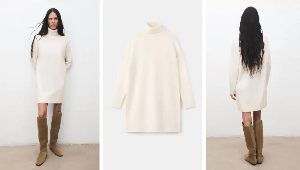 Vestido corto de punto con cuello vuelto y corte recto en color crudo (29,99€)