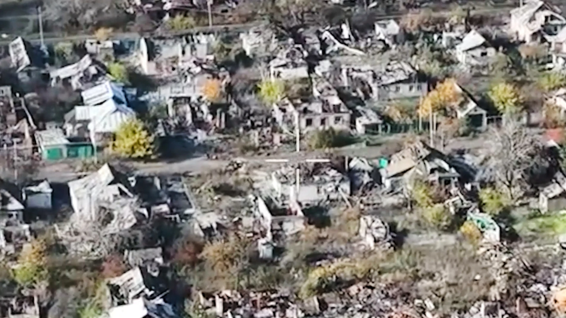 This image made from video provided by Skala - 425th Separate Assault Regiment shows drone footage from Provost, Ukraine, Saturday, Nov. 1, 2025. (Skala - 425th Separate Assault Regiment via AP)