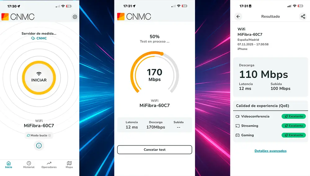 Ejemplo de medición en Test Velocidad