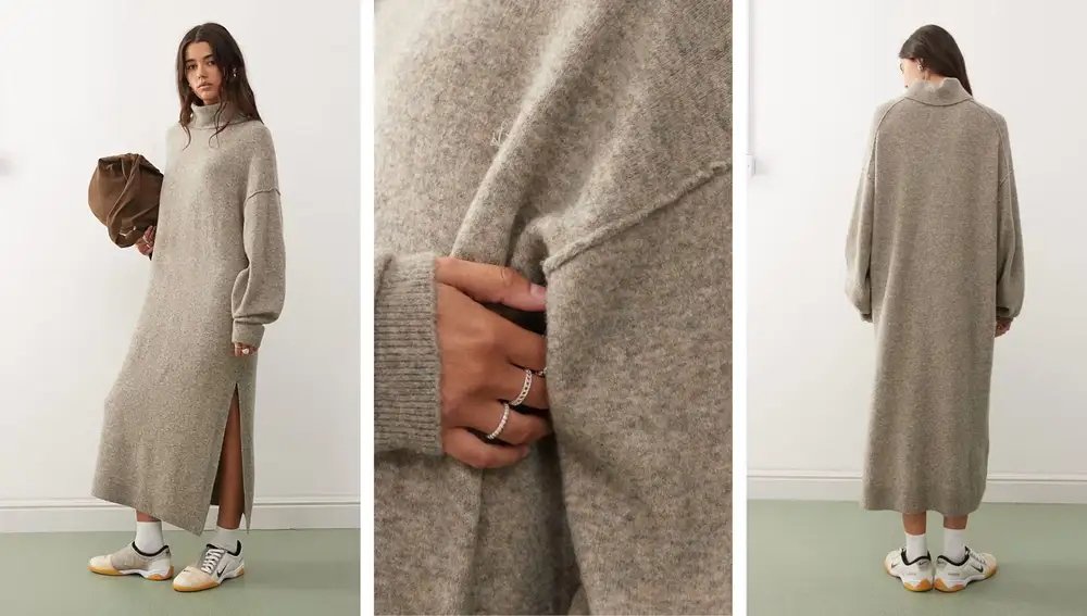 Vestido largo de punto gris topo estilo jersey con cuello alto y abertura lateral (79,99€)