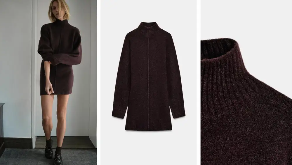 Vestido corto en punto soft color marrón chocolate, con cuello subido y detalle de nervio central (29,95€)