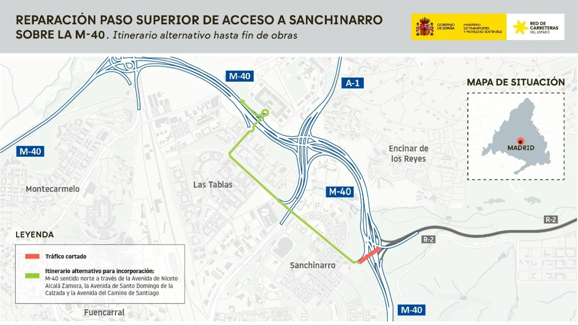 Cortes de tráfico en M-40 a su paso por Sanchinarro: desde las 11.00H del sábado hasta las 13.00 horas del lunes