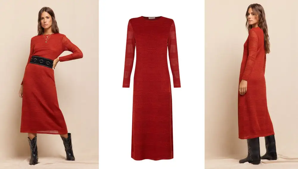 Vestido midi de punto rústico rojo anaranjado con fibras recicladas (49,99€)
