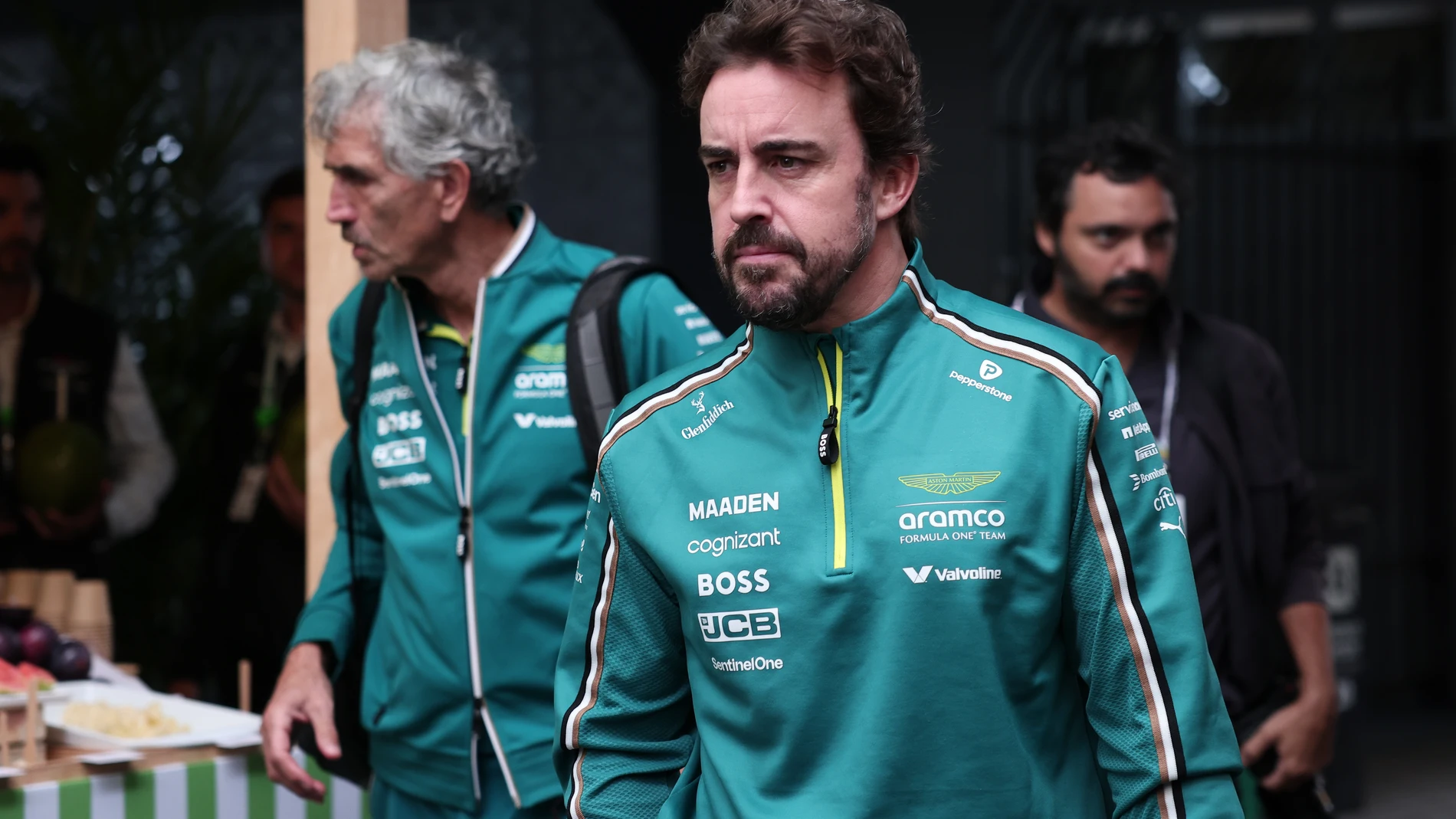 Aston Martin driver Fernando Alonso of Spain arrives for the sprint race ahead of the Brazilian Formula One Grand Prix auto race at the Interlagos racetrack in Sao Paulo, Saturday, Nov.8, 2025. (AP Photo/Ettore Chiereguini)