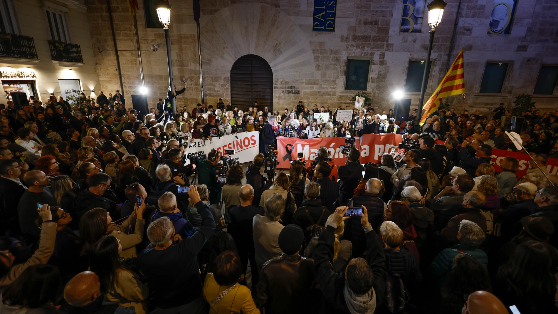 VALENCIA, 09/11/2025.- Las entidades sociales, cívicas y sindicales que en el último año han organizado cada mes una manifestación bajo el lema 'Mazón dimisión' por su gestión de la dana celebran este domingo una concentración ante Les Corts Valencianes, mientras continúan las negociaciones entre PP y Vox para elegir al sustituto del dimitido Mazón. EFE/ Biel Alino