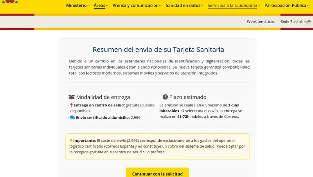 Ofrece enviar la tarjeta al domicilio por 2,99€, para los gastos de envío