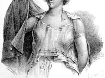 Un grabado que ilustra a Agnódice colocándose la túnica Un grabado que ilustra a Agnódice colocándose la túnica