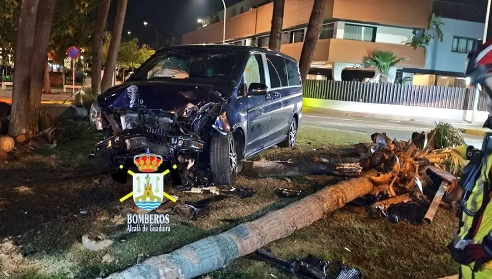 Estado del vehículo en el que viajaba Cayetano Rivera tras chocar contra una palmera en una rotonda cerca de Montequinto.