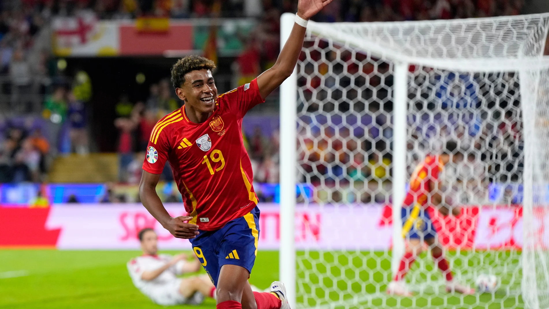 FILE -Spain's Lamine Yamal ceelbrates a goal that was disallowed fro an offside during a round of sixteen match between Spain and Georgia at the Euro 2024 soccer tournament in Cologne, Germany, June 30, 2024. (AP Photo/Manu Fernandez, File)