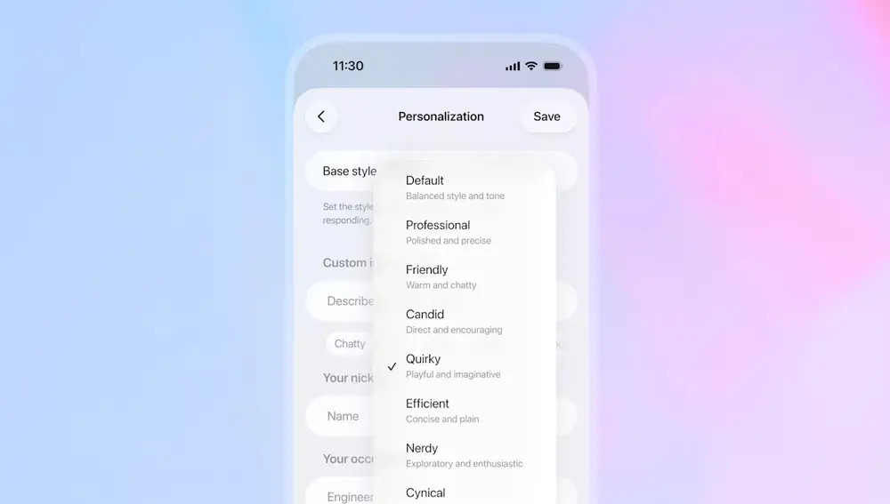 Listado con las opciones de personalización