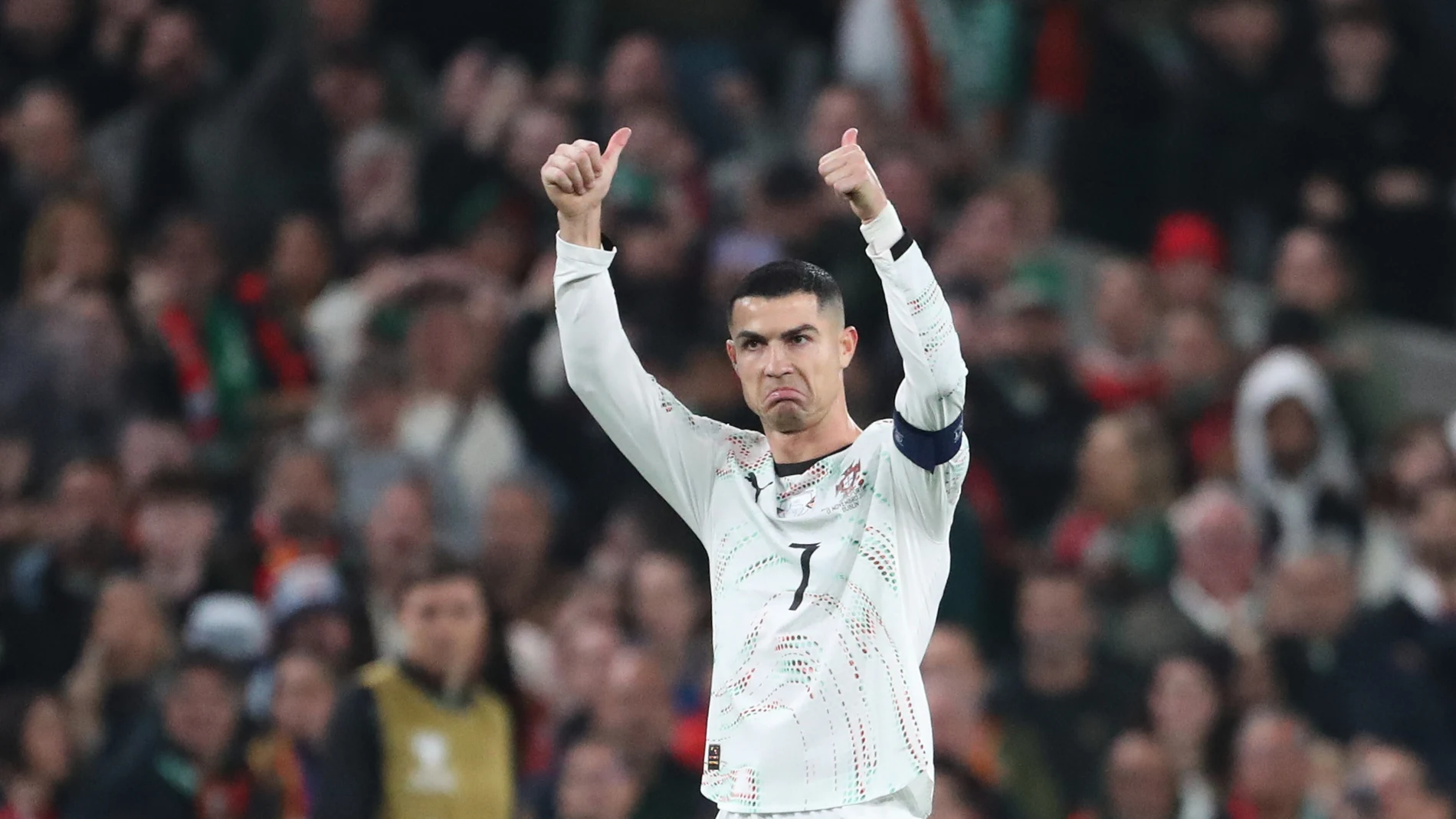 Portugal's Cristiano Ronaldo leaves the pitch after being shown a red card during a World Cup 2026 group F qualifying soccer match between Ireland and Portugal in Dublin, Thursday, Nov. 13, 2025. (AP Photo/Peter Morrison)