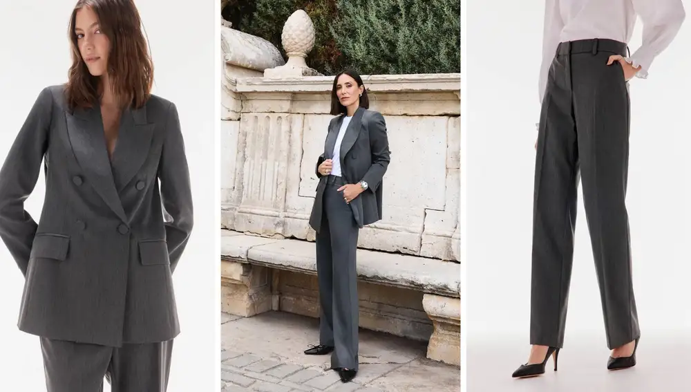 El traje gris con americana cruzada y pantalón recto es una de las piezas más atemporales de la colección.