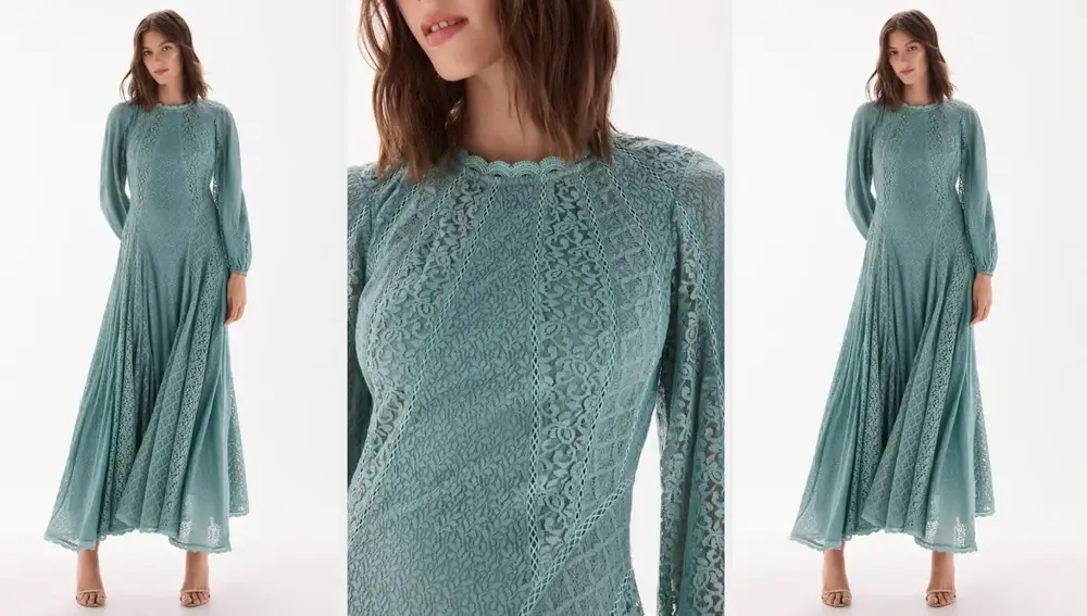 El vestido largo de encaje turquesa es una de las piezas más especiales de la colección, elegante y muy femenino.