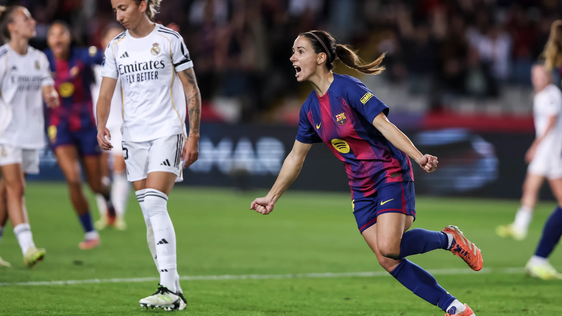 Aitana Bonmati Conca of FC Barcelona celebrates a goal during the Spanish Women league, Liga F, football match played between FC Barcelona and Real Madrid CF at Estadi Olimpic Lluis Companys on November 15, 2025 in Barcelona, Spain. AFP7 15/11/2025 ONLY FOR USE IN SPAIN