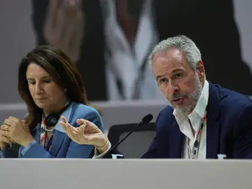 Climate COP30 Ana Toni, COP30 CEO, left, sits next to André Corrêa do Lago, COP30 president, as he speaks at a news conference during the COP30 U.N. Climate Summit, Saturday, Nov. 15, 2025, in Belem, Brazil. (AP Photo/Joshua A. Bickel)
