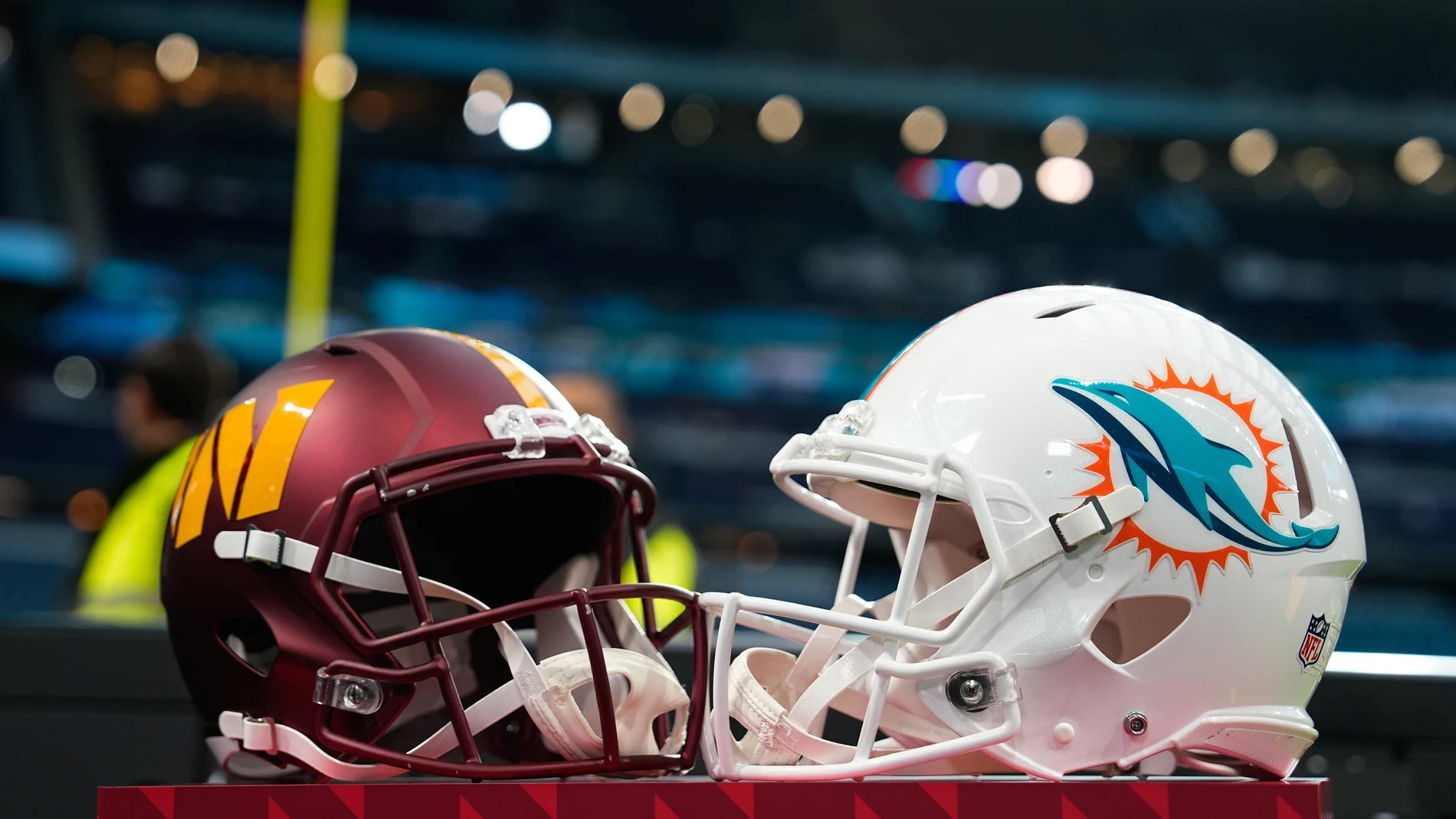 Detail of the helmet of the Miami Dolphins and the Washington Commanders prior the National Football League (NFL) 2025 Madrid Game, match played between Miami Dolphins and Washington Commanders at Santiago Bernabeu stadium on November 16, 2025, in Madrid, Spain. AFP7 16/11/2025 ONLY FOR USE IN SPAIN