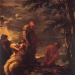 Dem&oacute;crito (centro) y Prot&aacute;goras (dcha.) retratados por Salvator Rosa