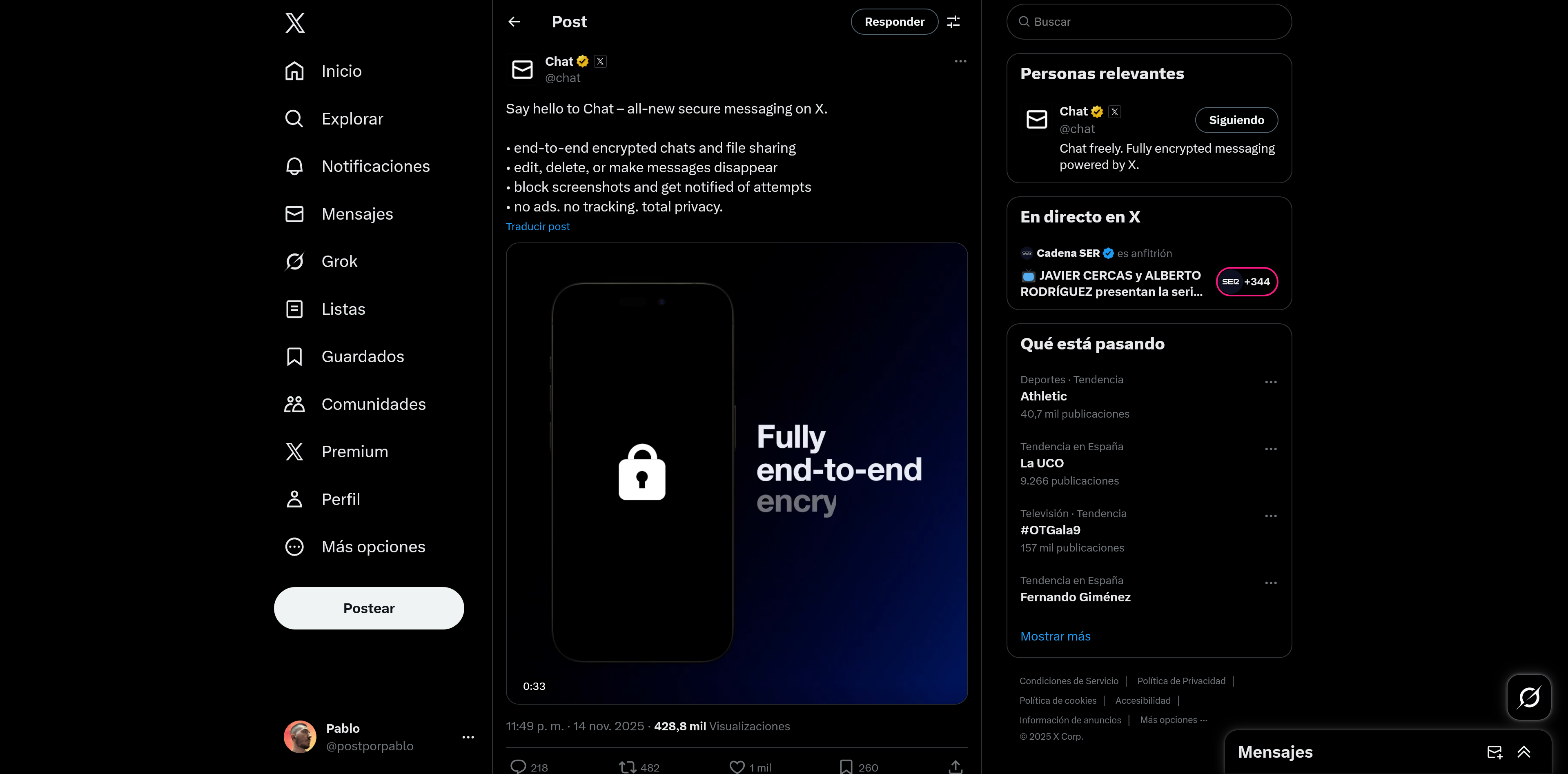 Post de @Chat con todas las novedades