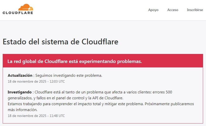 Mensaje que muestra la web de estado de Cloudfare informando de los problemas