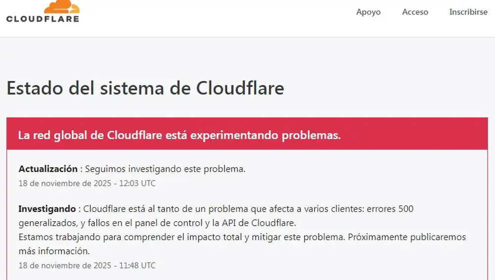 Mensaje que muestra la web de estado de Cloudfare informando de los problemas