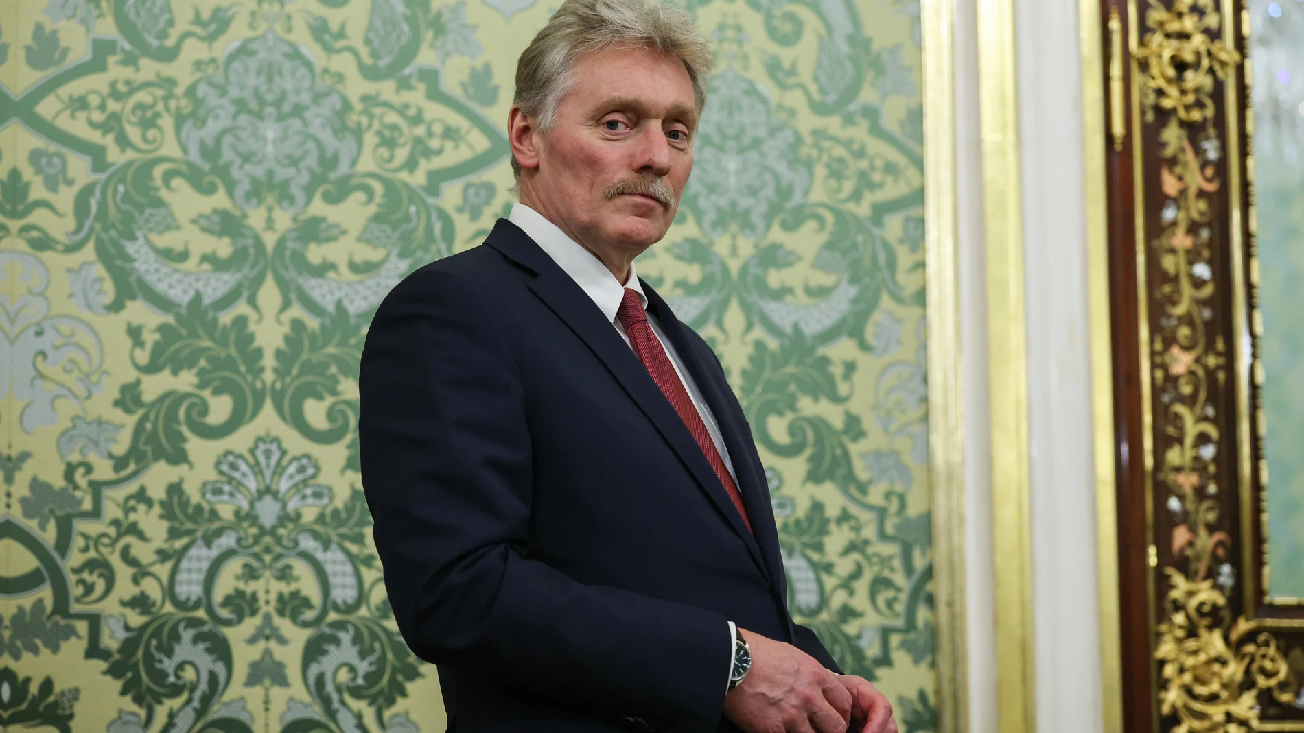 Kremlin spokesman Dmitry Peskov stands near as Russia's President Vladimir Putin and Togo's President of the Council of Ministers Faure Gnassingbe attend the talks at the Kremlin in Moscow, Russia, Wednesday, Nov. 19, 2025. (Ramil Sitdikov/Pool Photo via AP)