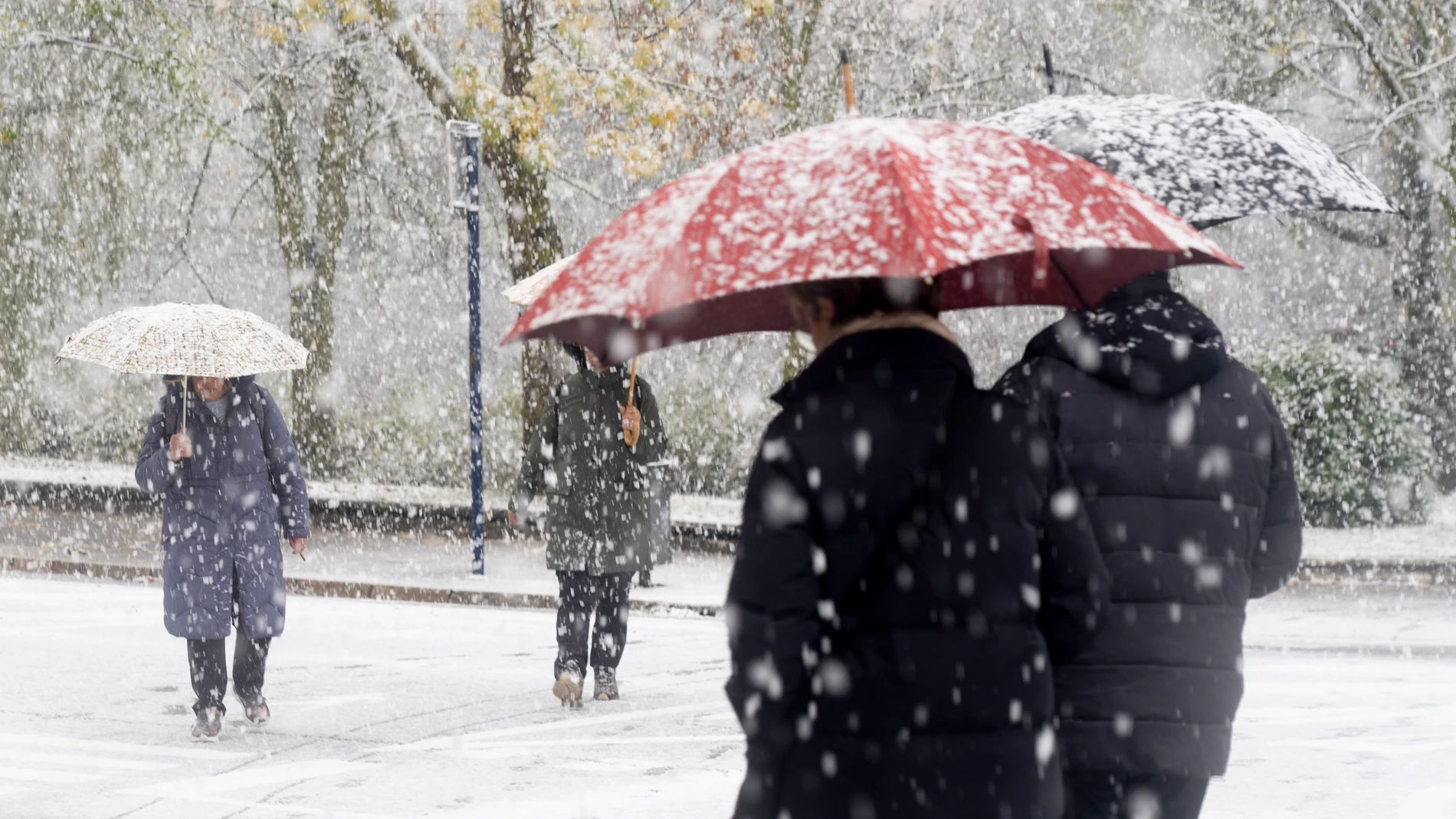 Paseantes cubiertos de nieve durante la llegada de una masa de aire ártico, a 21 de noviembre de 2025, en Vitoria, País Vasco (España). 21 NOVIEMBRE 2025 Iñaki Berasaluce / Europa Press 21/11/2025